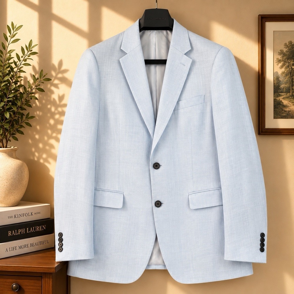Theory Chambers Blazer Mens 42S Light Blue 100% Linen Slim Fit Suit Jacket